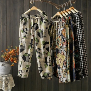 民族风印花宽松休闲小脚老爹裤 新款 女夏季 文艺复古棉麻九分哈伦裤