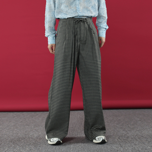 宽松垂感休闲松弛慵懒风飘逸阔腿裤 复古格子长裤 子男潮 HOMME