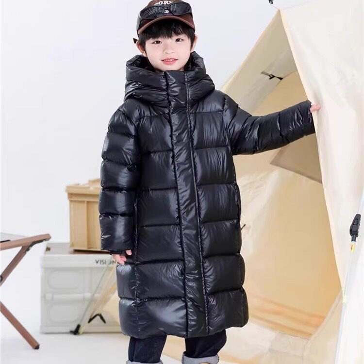 黑金儿童羽绒服中长款过膝2025新款男童女孩90白鸭绒加厚连帽外套