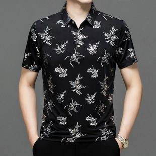 新款 冰丝翻领碎花中年休闲冰感薄款 男士 polo衫 上衣潮 短袖 2024夏季