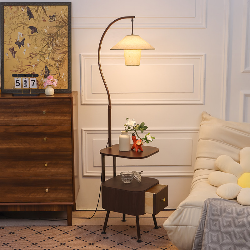 法式复古落地灯客厅沙发边置物架台灯中古氛围感卧室床头柜灯一体,家装灯饰光源,装饰落地灯,淘宝优惠券,粉丝福利购,淘宝优惠卷