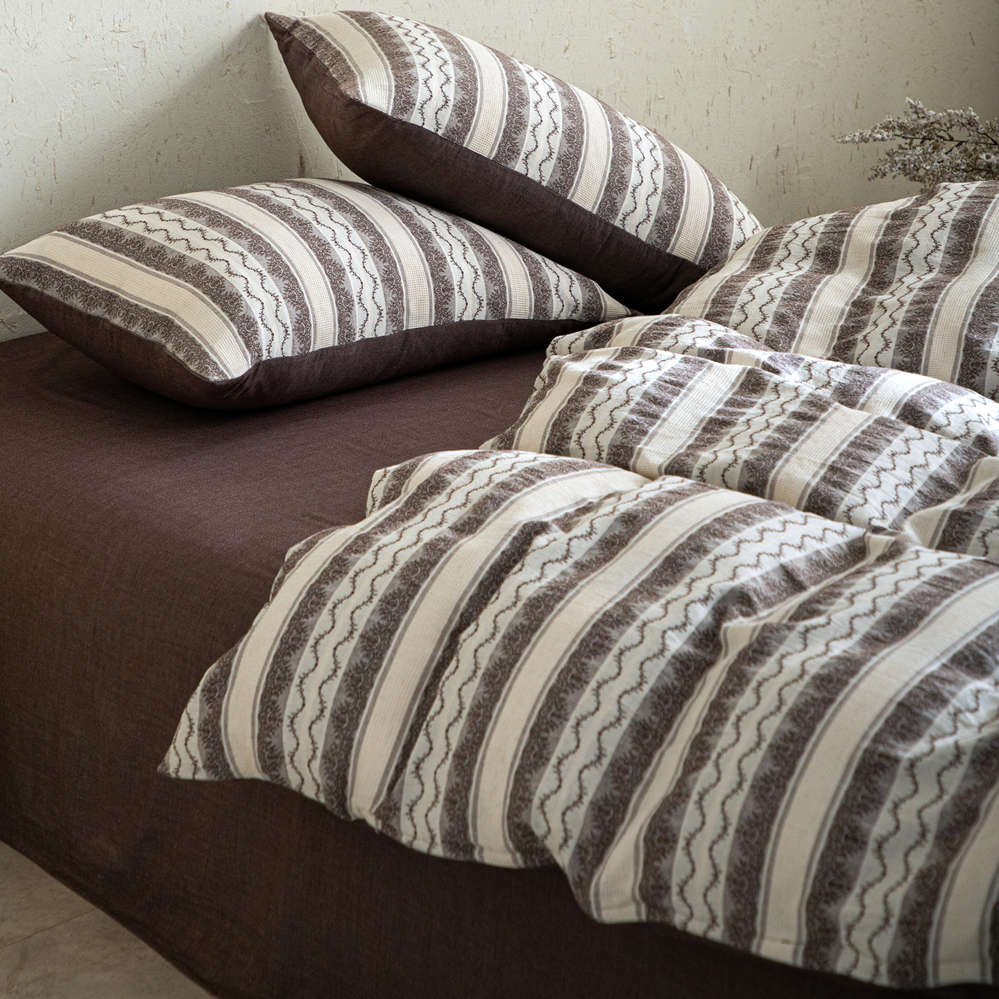 无印良品色织棉麻大提花四件套全棉亚麻纯棉被套床单床笠诧寂床品