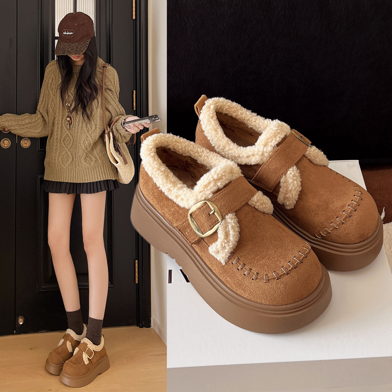 厚底加绒毛毛雪地靴女款2025新款冬季女鞋加厚保暖勃肯鞋圆头棉鞋