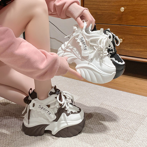 10cm松糕厚底老爹鞋女春秋小个子增高2025新款黑色百搭休闲运动鞋