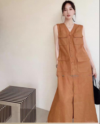 100%亚麻无袖口袋背心裙连衣裙时尚单排扣V领长裙藏蓝色橘色