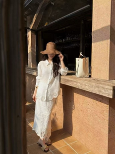 100%亚麻重工刺绣套装南法度假风镂空宽松衬衫半身裙绣花两件套