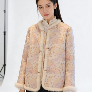 上久楷瑞彩蝶舞宋锦水貂毛夹棉外套冬季新款织金四重围新中式棉服