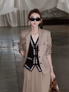 100%金丝亚麻外套初秋浅棕色简约气质收腰利落百搭西装外套上衣