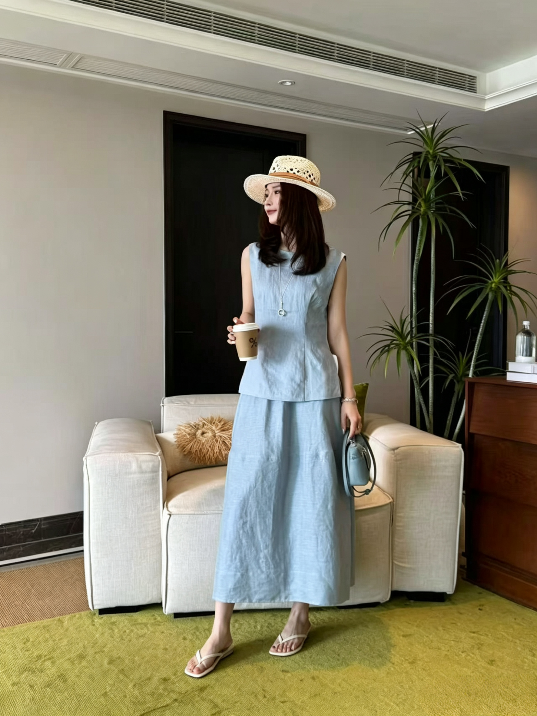 重磅高品质纯亚麻无袖上衣大摆半裙两件套松弛感通勤日常套装
