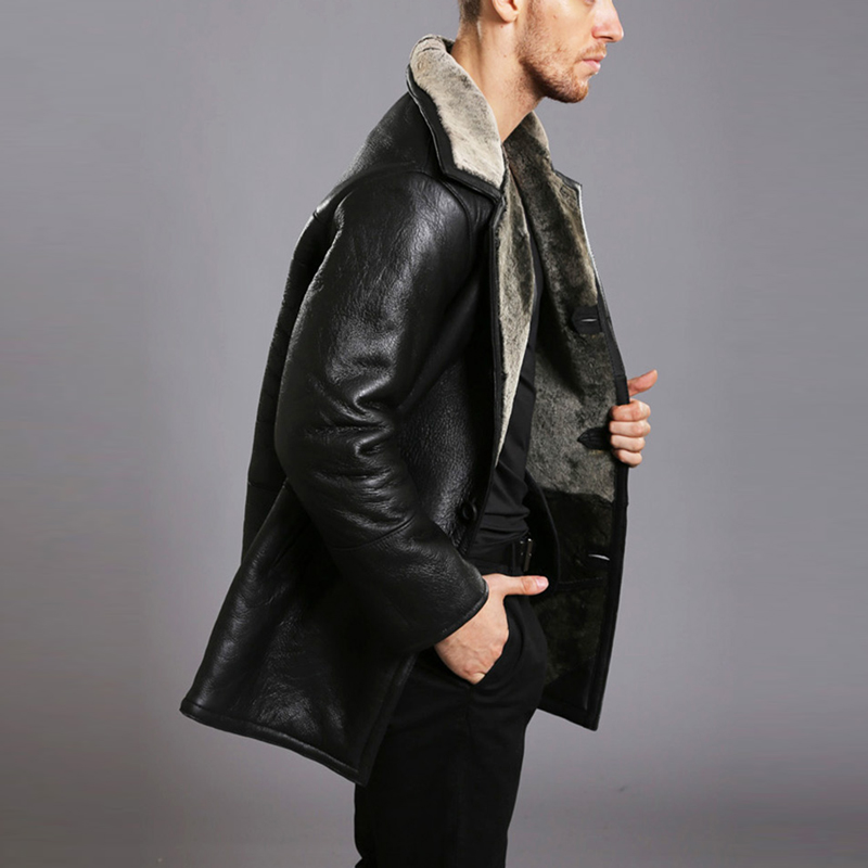 男士中长款冬季加厚西装领皮衣