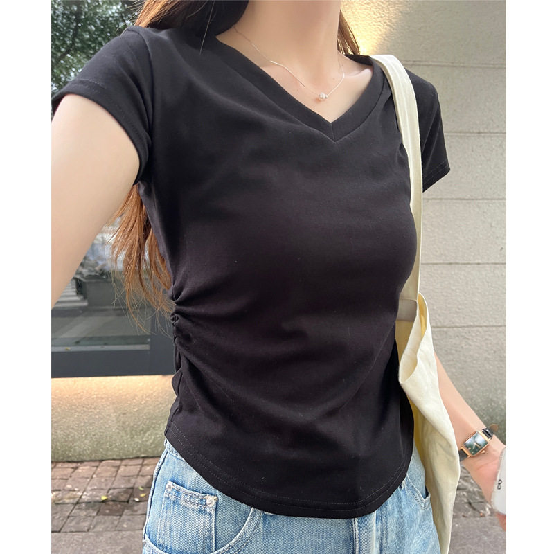 纯棉短袖V领T恤女装2026新款夏季内搭修身型设计感短款小个子上衣