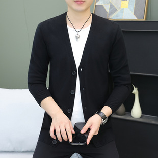 针织开衫 纯色V领长袖 毛衣秋冬季 韩版 t恤高级感休闲外套男 新款 男士