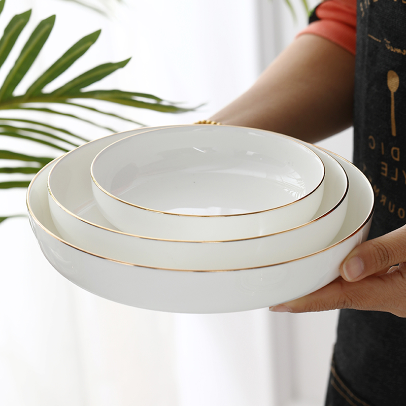 景德镇陶瓷盘子家用深汤盘创意饭盘菜碟金边餐具盘子骨瓷盘子菜盘