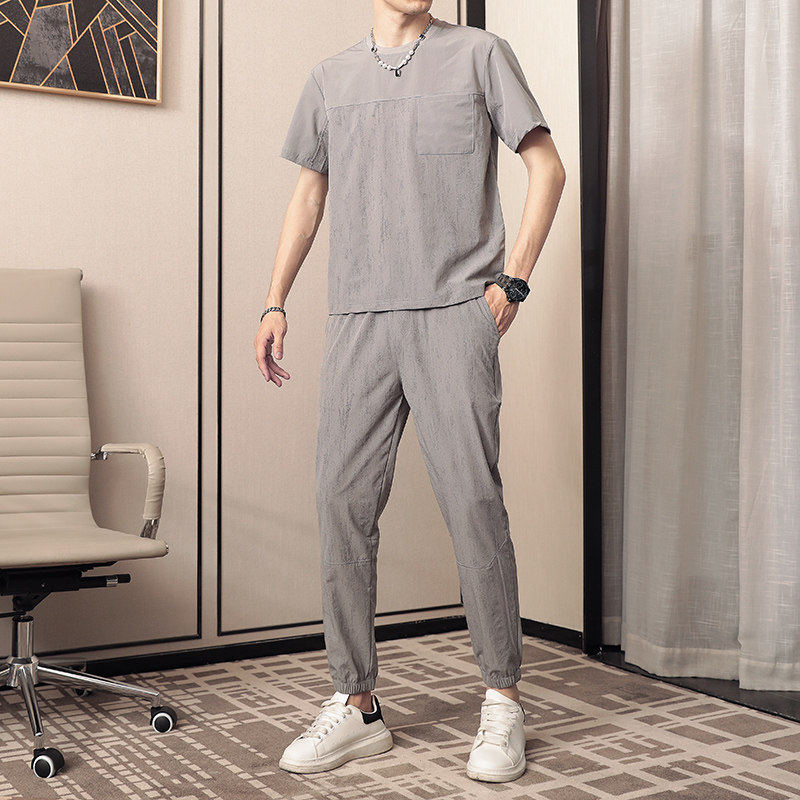 冰丝运动套装男夏季新款速干短袖T恤长裤休闲两件套装高弹超薄款