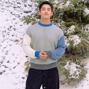 羊毛混纺拼色毛衣 休闲宽松拼接圆领针织衫 冬季 男士 新品 博衣社