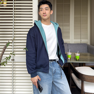 新品 冬季 休闲简约百搭加绒夹克外套 加绒拼色连帽卫衣 博衣社