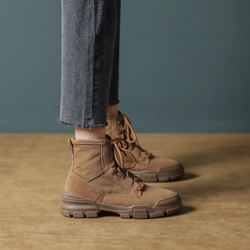 真皮帆布马丁靴女2025新款秋冬季复古情侣登山沙漠短靴女春秋单靴