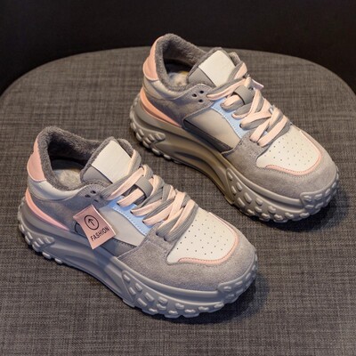 老爹鞋女2025秋冬季新款鞋子女百搭爆款真皮轻便加绒厚底休闲运动