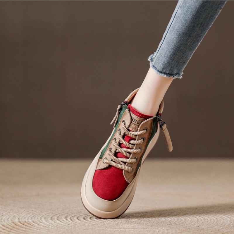 西班牙小众品牌ONGYSL拼色复古短靴女靴厚底运动休闲板鞋高帮靴子