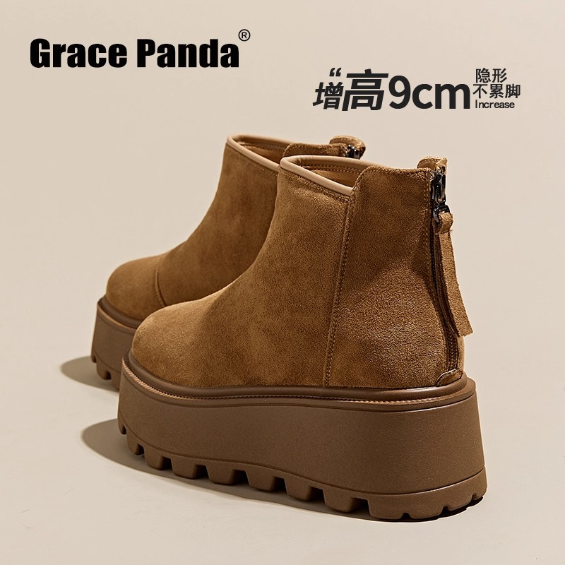 香港GP松糕厚底复古雪地靴女冬2025新款小个子内增高9CM加绒短靴