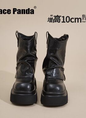香港GP时尚中筒马丁靴2025新款秋冬厚底小个子增高堆堆靴裤管靴女