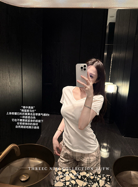 三喜threec 进kou100%匹马棉”ding极棉花/品质主义 V领T恤上衣女