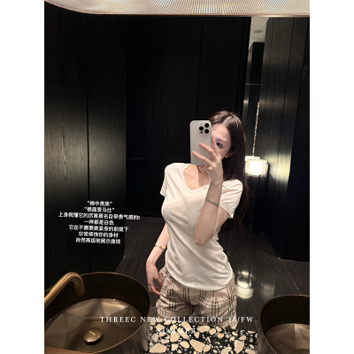 三喜threec 进kou100%匹马棉”ding极棉花/品质主义 V领T恤上衣女