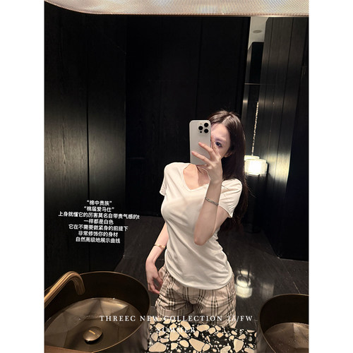 三喜threec 进kou100%匹马棉”ding极棉花/品质主义 V领T恤上衣女