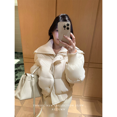 三喜threec 定制奶油白白鸭绒白色羽绒服女冬保暖短款面包服外套
