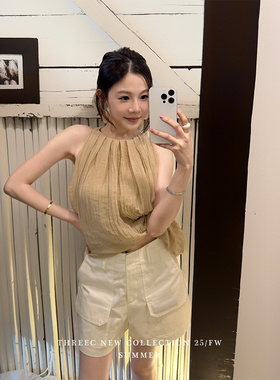 三喜threec纯棉 立体双层口袋 设计感好版型又小特别白色休闲短裤