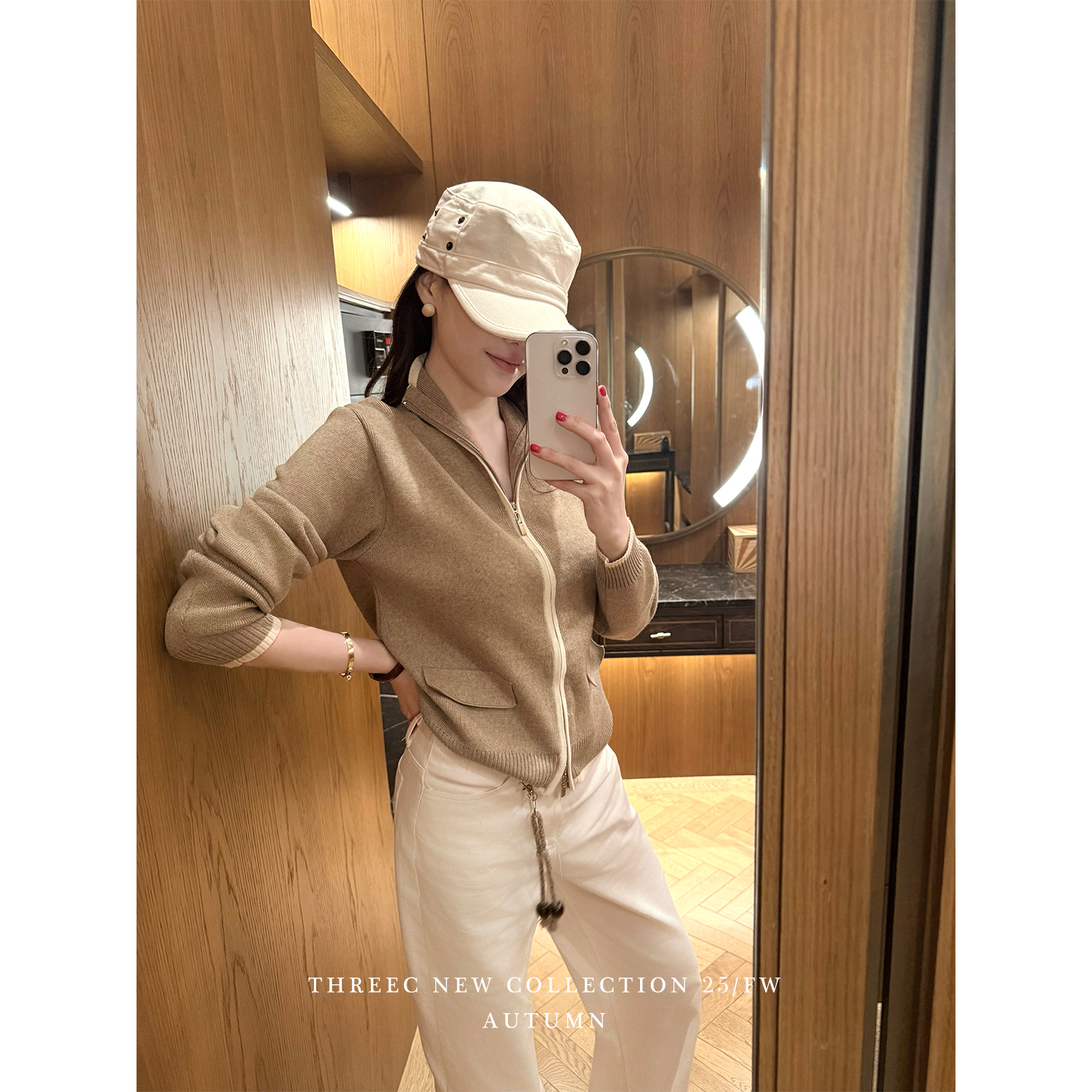 三喜threec 复古设计感羊毛老钱拼色针织衫女秋宽松外穿开衫外套