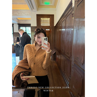立领拼色老钱风开衫 内搭氛围选手 图书馆廓形毛衣 三喜threec