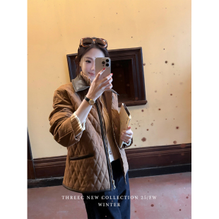 三喜threec 复古设计感老钱风保暖麂皮菱格棉服外套女 Bottega
