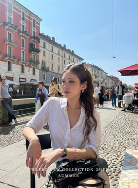 三喜threec “somi in Italy”白色竹节棉开衫上衣松弛宽松T恤女