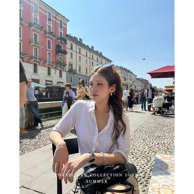 三喜threec “somi in Italy”白色竹节棉开衫上衣松弛宽松T恤女