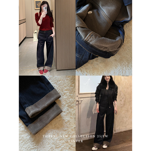 女秋冬百搭直筒牛仔长裤 独家设计绒里翻边牛仔裤 买 三喜threec