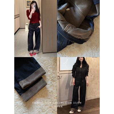 三喜threec 买！独家设计绒里翻边牛仔裤女秋冬百搭直筒牛仔长裤