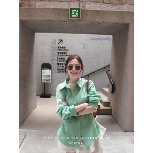 三喜threec 设计感小众两穿 腰部暗扣设计衬衫 女 马尔斯绿衬衣