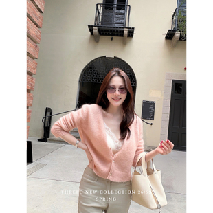 三喜threec 女V领慵懒针织外套 33%超细马海毛33%羊毛宽松毛衣开衫