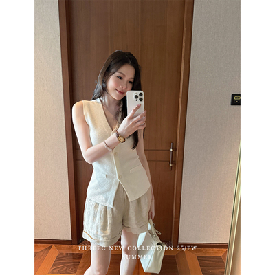 三喜threec “版型很难调”100%亚麻休闲短裤女宽松阔腿直筒中裤