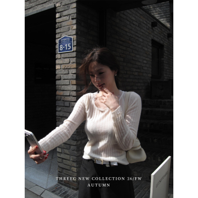 三喜threec羊驼羊毛蕾丝边毛衣女