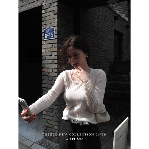 三喜threec羊驼羊毛蕾丝边毛衣女