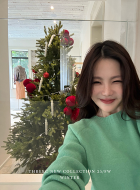 三喜threec 圣诞新品100%羊毛进口韩国纱线独家插肩套头毛衣女冬