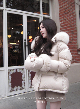 三喜threec 赠手套/可拆狐狸毛领/辅料定染90白鸭绒羽绒服外套女
