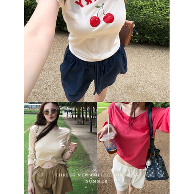 三喜threec短款休闲苎麻短裤女