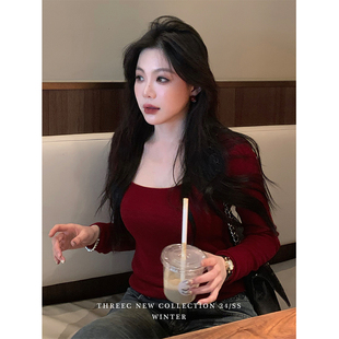 方领羊毛针织衫 新年红60支超细羊毛 衣柜收藏针织 三喜threec