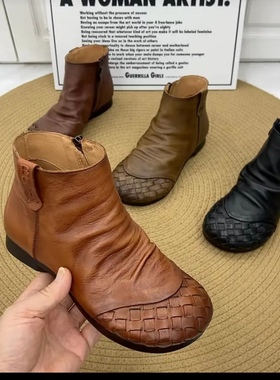 2851秋冬季复古港风圆头编织牛皮平底软底舒适百搭女短靴单二棉鞋