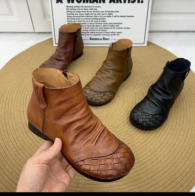 2851秋冬季复古港风圆头编织牛皮平底软底舒适百搭女短靴单二棉鞋