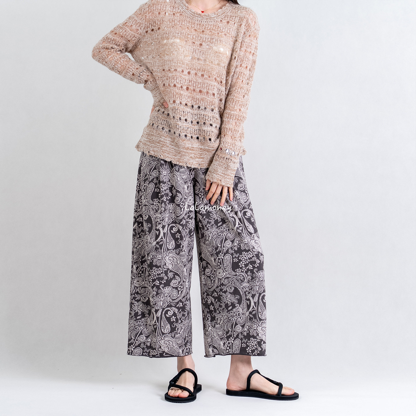 lalamoney 小个子复古印花九分裤子女松紧腰宽松百搭休闲裤阔腿裤