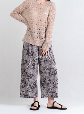 lalamoney 小个子复古印花九分裤子女松紧腰宽松百搭休闲裤阔腿裤